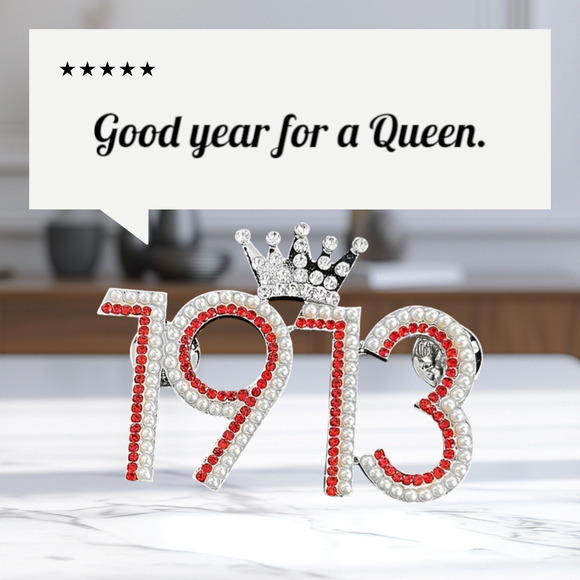 Delta Sigma Theta Brooch 1913 Crown Red Rhinestones and White Pearls - Picture 2 of 3